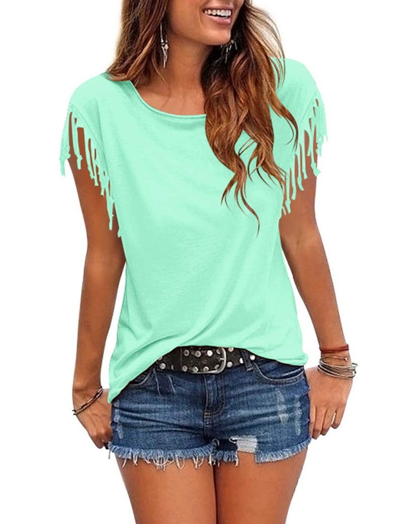Cosonsen Women's Tassel Short Sleeve Round Neck T-Shirt Top Casual Summer Tee
